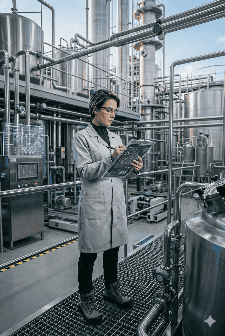 Engineer with safety helmet analyzing data in industrial environment